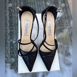 SAKS FIFTH AVE AUTHENTIC. GENUINE BLACK LEATHER ANKLE STRAP HEEL